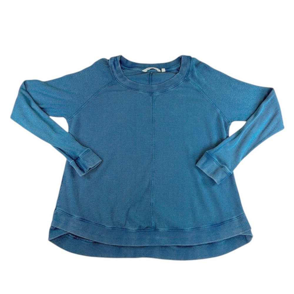 Soft Surroundings Teal Blue Waffle Knit Thermal Raglan Top Curved Hem L Cotton